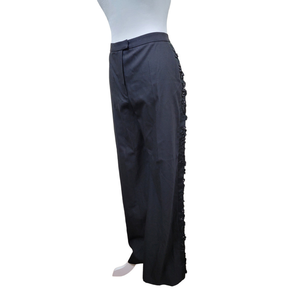 ESCADA Women's Black Wool Blend Wide Leg Trouser Floral Sequin Embellished